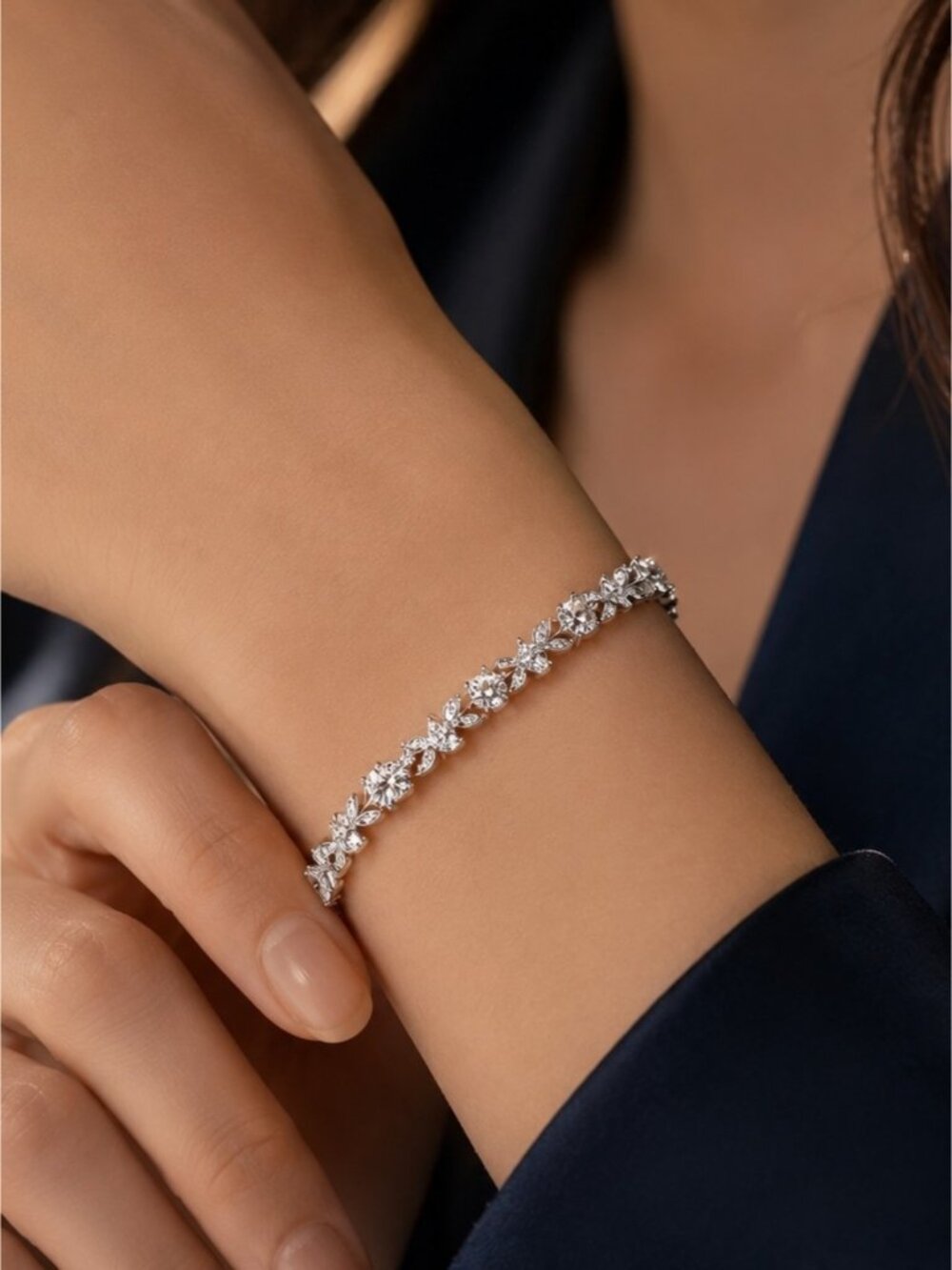 Silver Sparkling Floral Tennis Bracelet